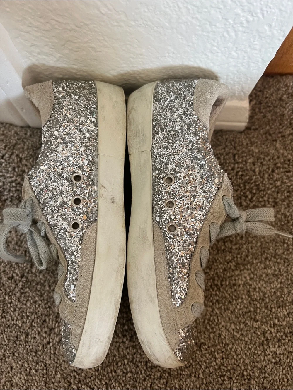 Golden Goose Kids Silver Glitter Lace-Up Sneakers with Gray Suede Star